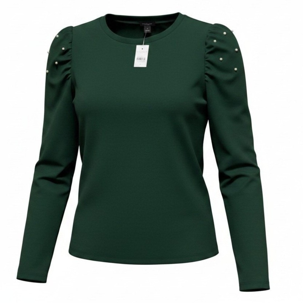 Ann Taylor Top Womens Small Green Pearl Embellished Puff Sleeve Crew Neck